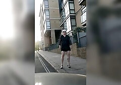 Michelle takes a stroll just off the Finchley Road, stripped legs, heels, short suit, no pants.