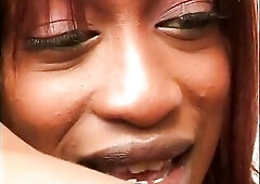 Black floozy with giant titties gets her moist vagina licked and drilled by dude outdoors