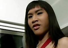 Kinky oriental shemale shows her big ass and hairy tool