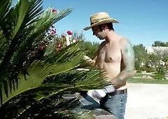 Hot sun bathing Oriental wife Lana Violet screws her gardener