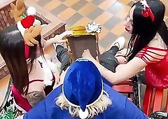 Two dirty bitches receive a dick for Christmas gift