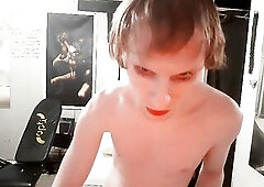 Transgender Femboy Exercises Muscles Exposed with Dumbbells