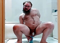 Chastity Locked Bear Riding Thick Dragon Dildo