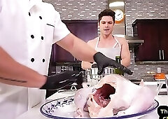 Fisting chef fists helper with food fetish in kitchen