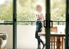 Femme Crossdresser Tawny Coquette plays suit up on the hotel balcony. That Babe shows off her outfit - satin dress/top, nylons and juicy look PVC mini