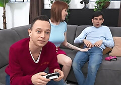 Tattooed redhead bimbo Lilly Mays shagged in the living room