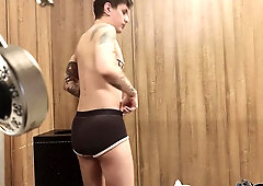 RISKY Jack Off in the Locker Guest room Douche NEARLY CAUGHT IN THE SAUNA