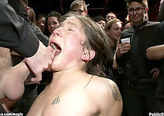 Bound sub fucked with strapon in public