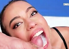Wild babe swallows multiple cumloads in interracial blowbang