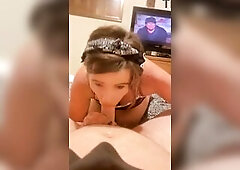 Streetwalker Bunny takes a stud to her hotel room to give him head & suck on his nuts; eats all the cum str8 off his ramrod