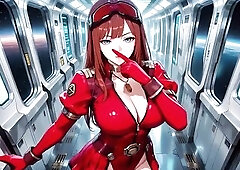 The red-haired commander descends into the futuristic ship cockpit, her constricted red uniform hugging each curve of her breathtaking figure. This ba