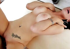 Breasty brunette hair chick with tattoo above her vagina gets slammed and facialized.
