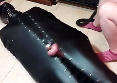Femdom Feet Teasing Bondage Sack With Latex Breathplay And Cum Eating