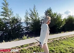 Bulgarian blonde in frayed shorts takes deep anal and throat before facial
