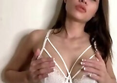 A hot Asian babe with big tits and an even bigger ass gives a POV blowjob and rides her best friend's cock, but he cums too soon! She wants more,