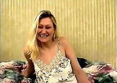 Overweight golden-haired wench sucks 2 dicks then double-permeated.