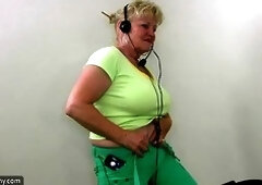 Chubby Grandma does strip in home gym