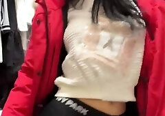 Amateur busty brunette masturbates and does hand job