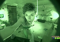 Erica Fontes joins a hardcore threesome with two men in a dim industrial studio