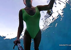 Busty MILF with ample assets likes to wear a sheer swimsuit, because it looks so sexy