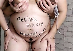 After this preggo wife Milky Mari was used in a bareback creampie group-sex many times - this babe was still willing to let her cum filled vagina be d