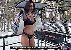 Hot brunette made a blowjob and got cum in her hole. POV.