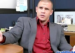 Blindfolded office stud sucking fat cock