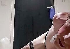 SissyBunny takes big milk enema, then plugged with huge dildo and self hogtie