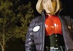 1st public walk in boots on a parking lot, clothed in nylons and red pvc costume.