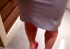 Nude nylon stockings and sexy satin pencil skirt, red heels