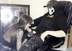 Sultry young brunette in lingerie provides blowjob service