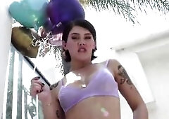 Shorthaired sexy assed brunette hair sassy TS Daisy Taylor make out with ribald blond sweetheart Bunny Colby greet every other with playful fleshly se