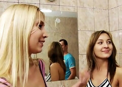 Strapon CFNM femdom babes pegging guy in toilet