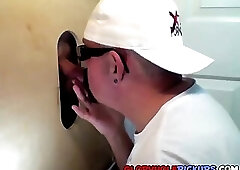 Horny dude with glasses enjoys in a glory hole scene