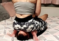 Beautiful goddess smothers you under her juicy booty while rocking sexy yoga pants