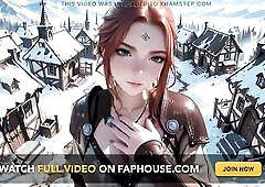 In a snow-overspread medieval valley, the redheaded warrior emerges as an icy queen! Clad in enormous brown leather armor, this babe glides between wo