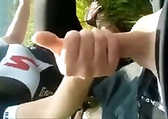 A daring biker chick takes a break from the open road to indulge in some naughty fun, stripping down to nothing in a public setting and treating her b