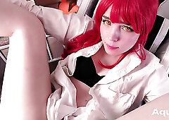 Makima's puppy fucks her tight pussy on a chair in the office