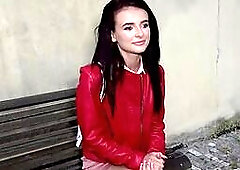 Pantyhose teen in leather jacket outdoor POV public fucked