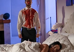 Two brunettes Angela White and Abigail Mac are having sex in the night