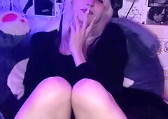 Russian teen e-girl fingering herself in gothic suit with cat ears