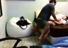 Nerdy guy fucks the brains out of a pretty teen brunette in front of a hidden camera