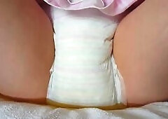 Huge Morning Pee in Pull-Up Diaper (Leaks Everywhere!)