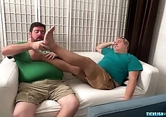 Chubby Nemo worships his master's feet to give Matt some relief