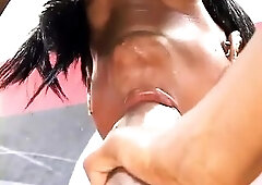 Black with good butt takes a biggest penis and gets cum in her lascivious throat.