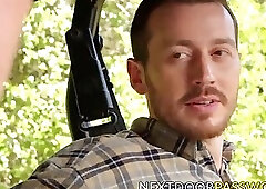 Hunky gay rides his friends cock raw after blowjob outdoor