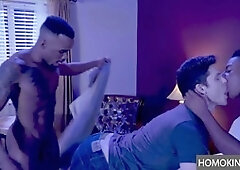 Devin Franco gets a uber-cute dual big black cock surprise in his ass