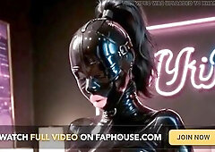 Manga animation of a trans PAWG bitch goddess in greatly constricted pink vinyl. Femdom energy, large booty, large penis, that babe takes a taut booty