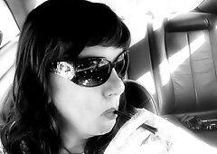 Smokin' my VS120 Menthols in a elegant cigarette holder wearing white lace gloves, sunglasses and a brunette hair wig