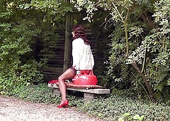 Poundable Rump in a Crimson Micro-Skirt and Nylon Pantyhose